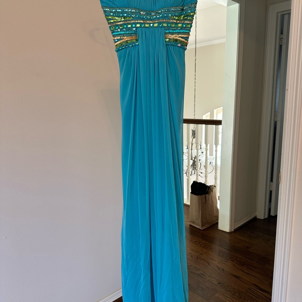 Bari Jay Turquoise Strapless Beaded Maxi Gown